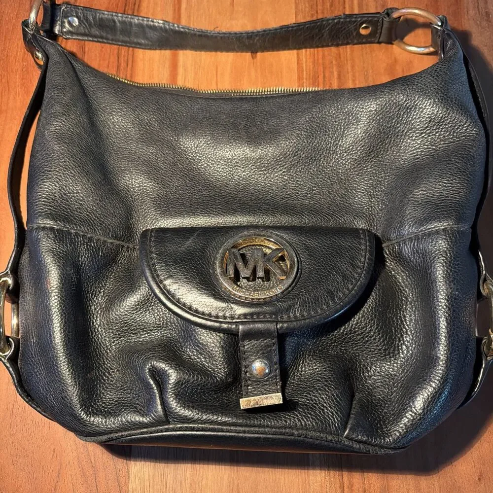 Michael Kors Fulton Leather Hobo Shoulder Bag Black Inside MK logo Flap